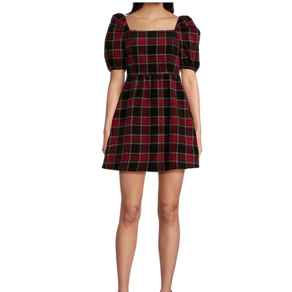 Copper Key Red Black Tartan Plaid Puff Sleeve Mini Dress Small Holiday New